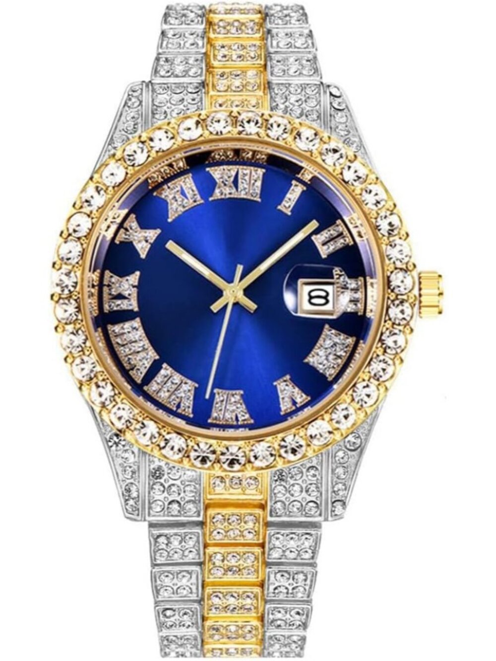 Unisex Blue Face Crystal Diamond Quartz Analog Fashion Roman Big Hip Hop Watch